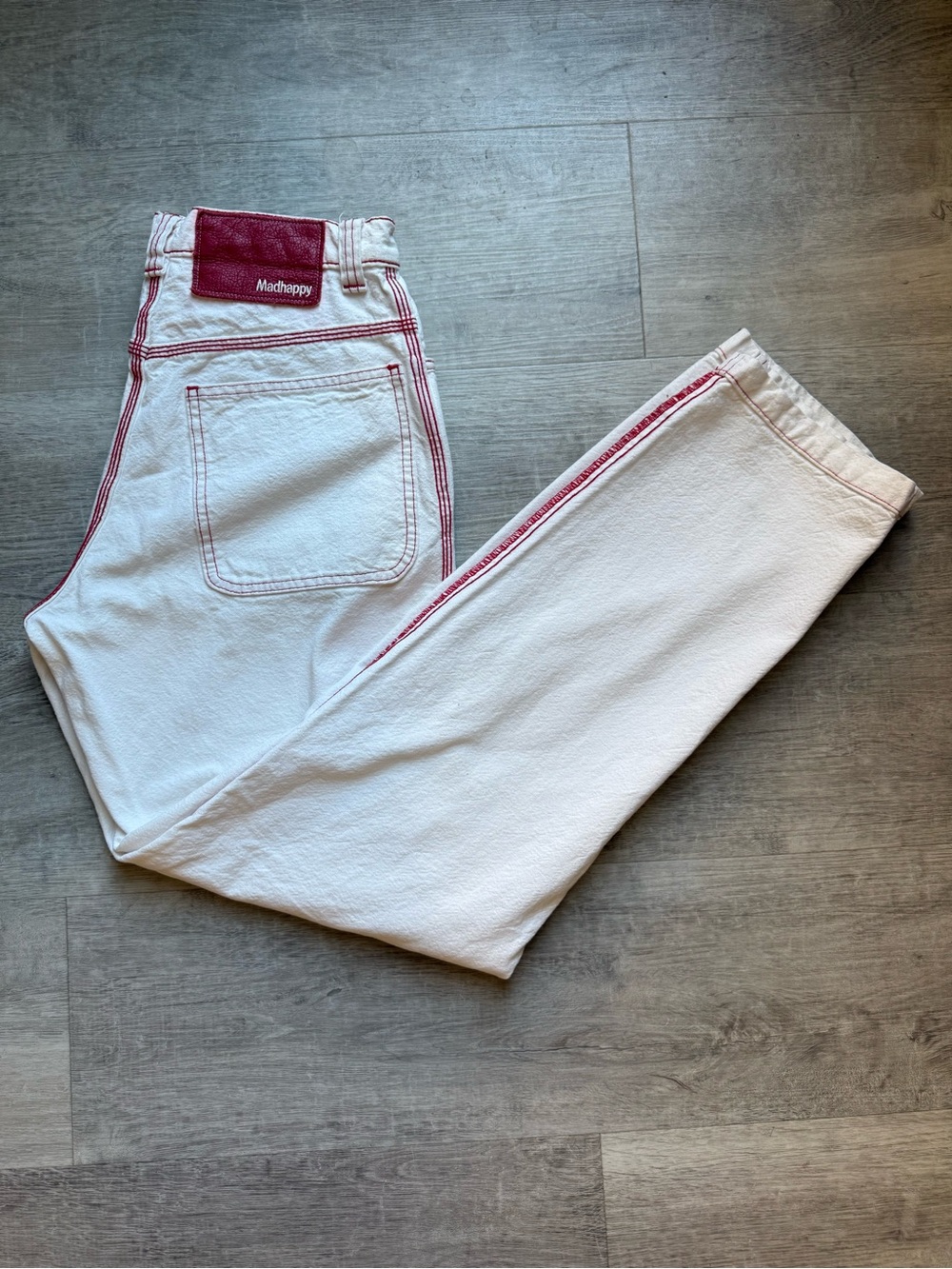 Madhappy Mid Rise Straight Leg 5 Pocket Off-White Jeans Red Stitching Size S
